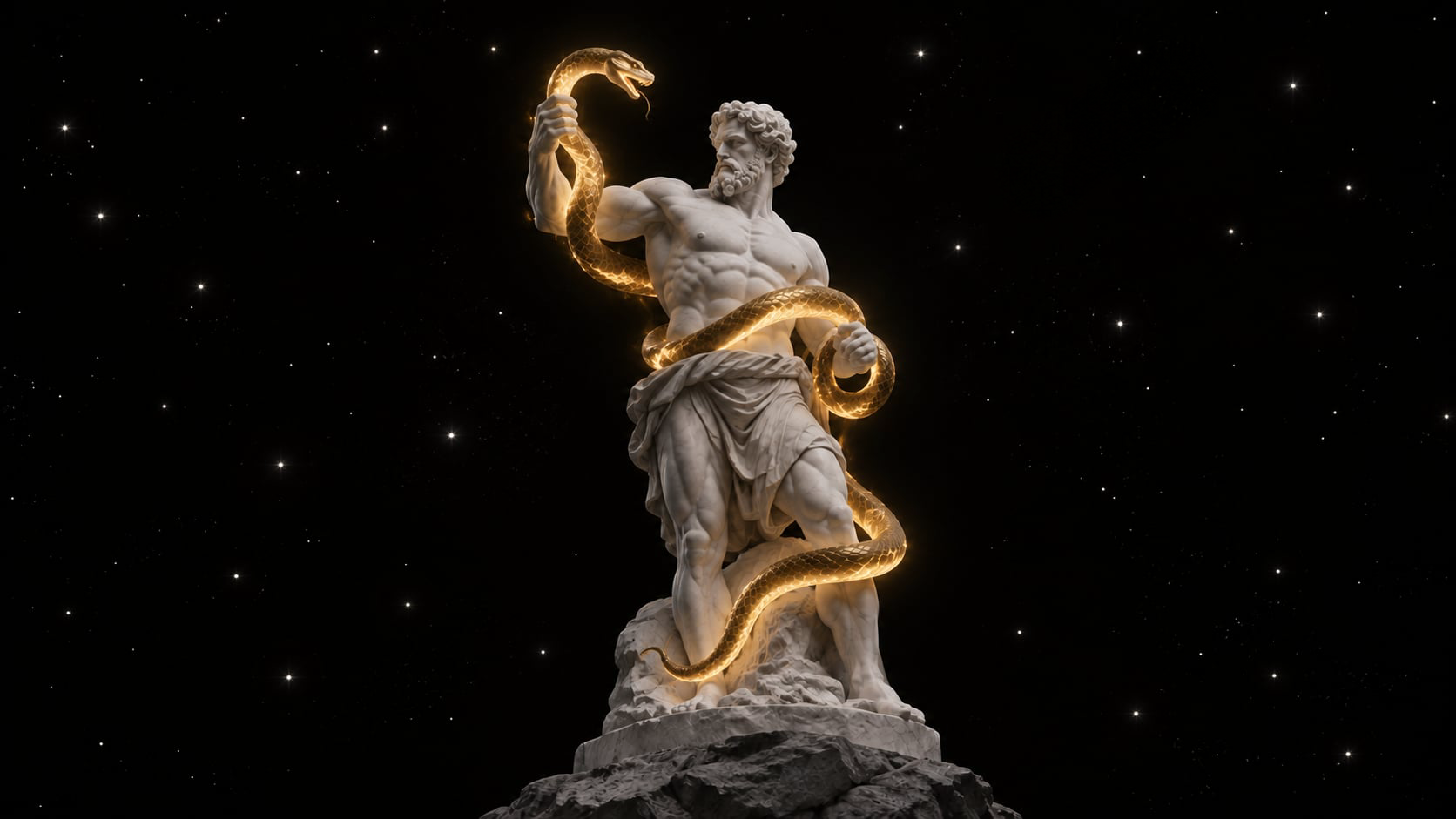 White marble Hercules on a rocky pedestal, holding a realistic golden snake beneath a black starry sky